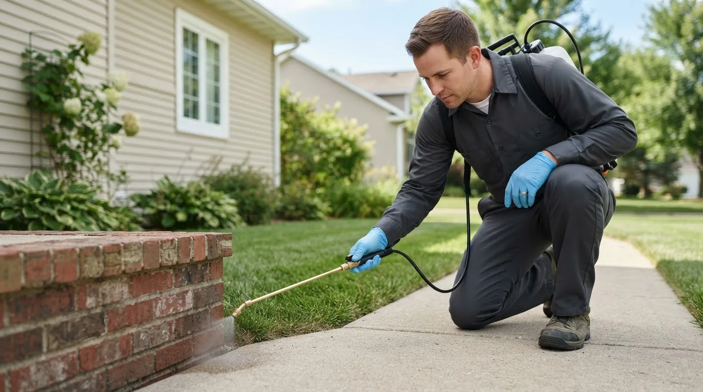 Pest control technician treating a home near Pleasureville, KY